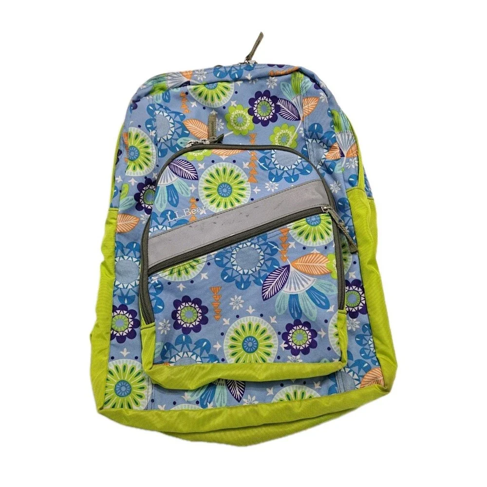 LL Bean Deluxe Backpack School Camp Blue Green Floral Hawaiian Geometric